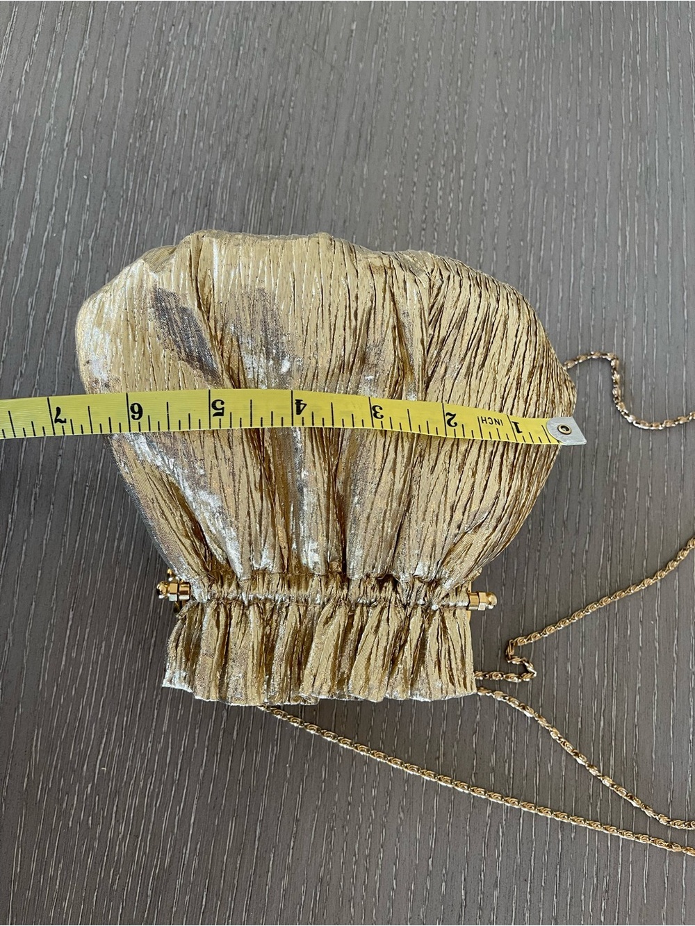 Gold Metallic Ruched Drawstring Wristlet with Chain Strap - Picture 11 of 11